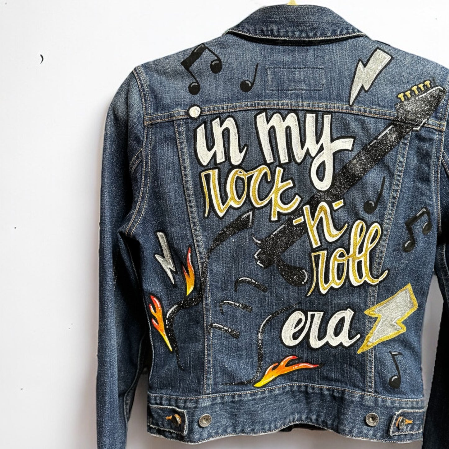 Hand Painted Jean Jacket: “In My Rock-n-Roll Era” - Eras Tour, Mardi Gras, Jazz Feat, New Orleans, Music Concert, Festival, Parade Outfit