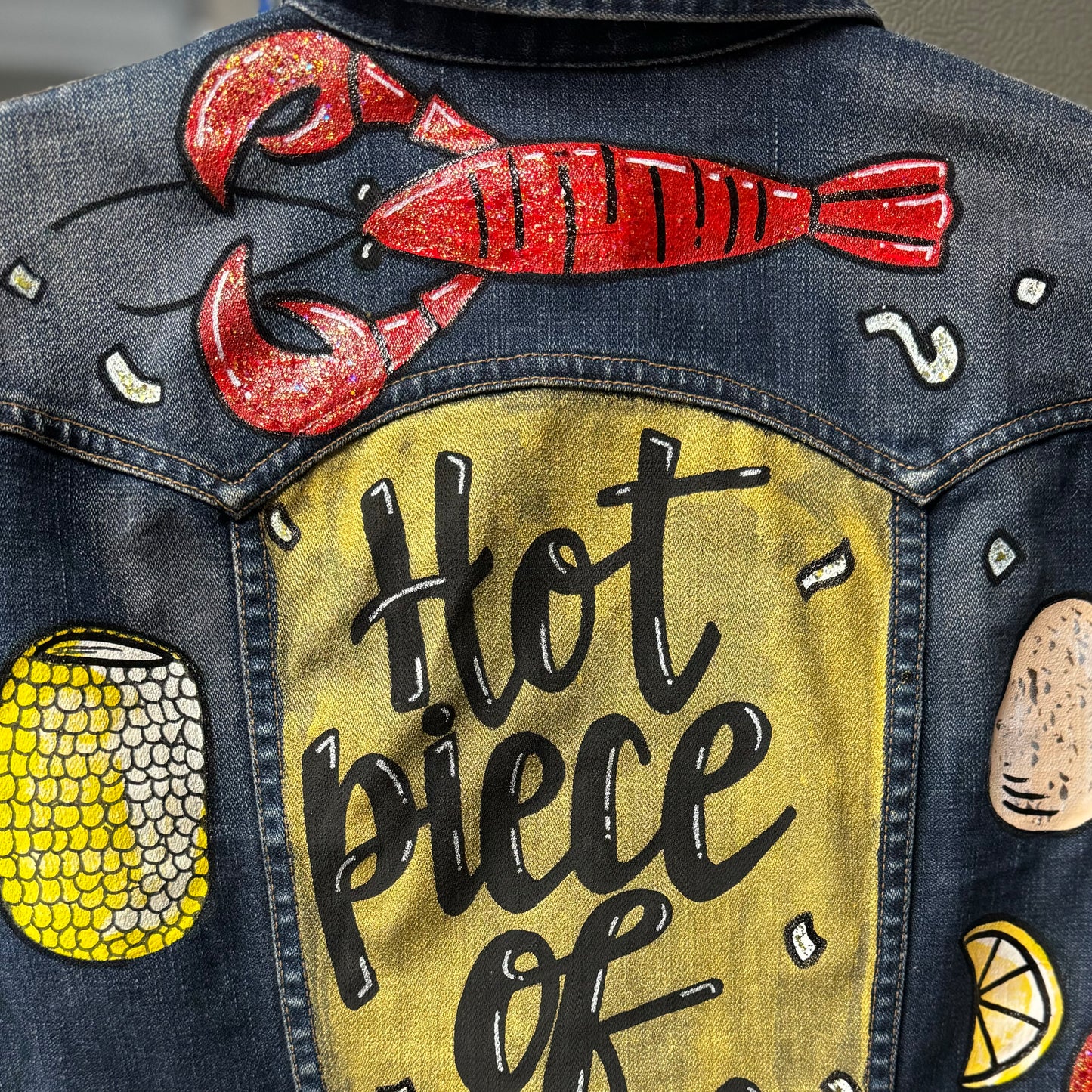 Hand Painted Jean Jacket: “Hot Piece of Tail” - Cajun Jacket, Crawfish, Mardi Gras, Mardi Gras Jacket, New Orleans, Purple Green Gold, Mardi Gras, Parade Outfit