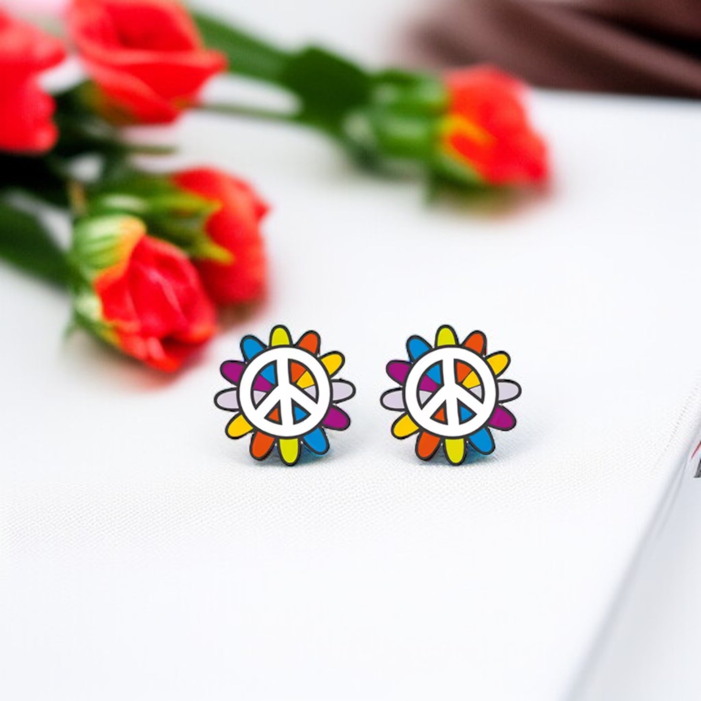 Spread the Love with Rainbow Peace Flower Stud Earrings!