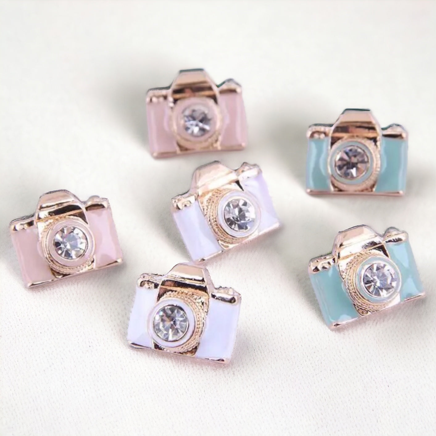 Snap Chic: Dazzling Camera Rhinestone Stud Earrings in White, Pink & Blue!