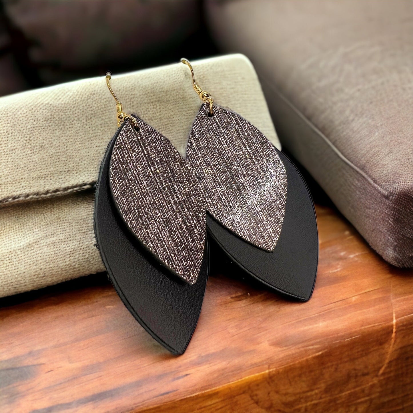 Spark Up Your Style: Chic Black Layered Leather Earrings - Gold or Silver Accent!