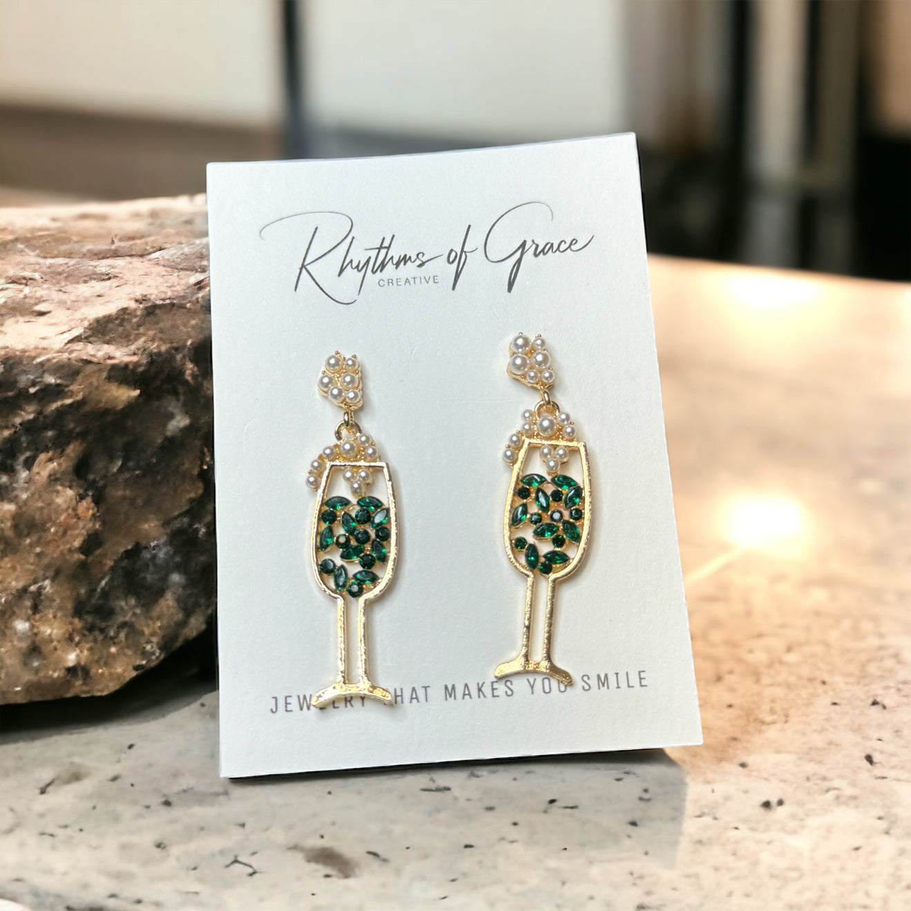 Wine Not? Sparkling Green Rhinestone Wineglass Earrings for the Stylish Sipper!