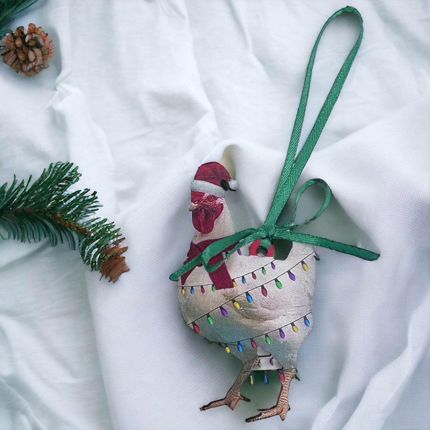 Cluckin' Around the Christmas Tree – White Rooster Ornament