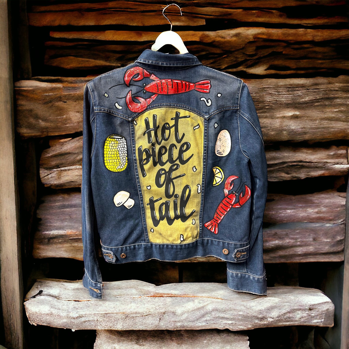 Hand Painted Jean Jacket: “Hot Piece of Tail” - Cajun Jacket, Crawfish, Mardi Gras, Mardi Gras Jacket, New Orleans, Purple Green Gold, Mardi Gras, Parade Outfit