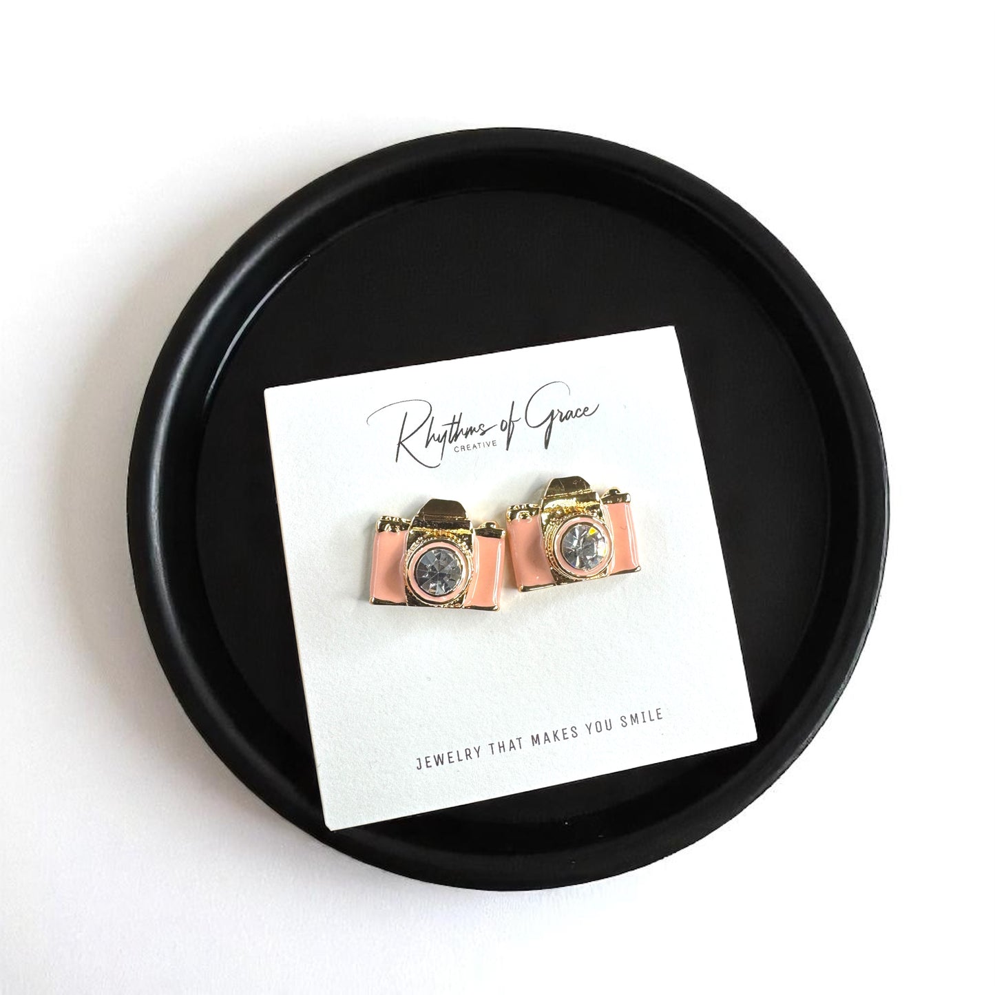 Snap Chic: Dazzling Camera Rhinestone Stud Earrings in White, Pink & Blue!