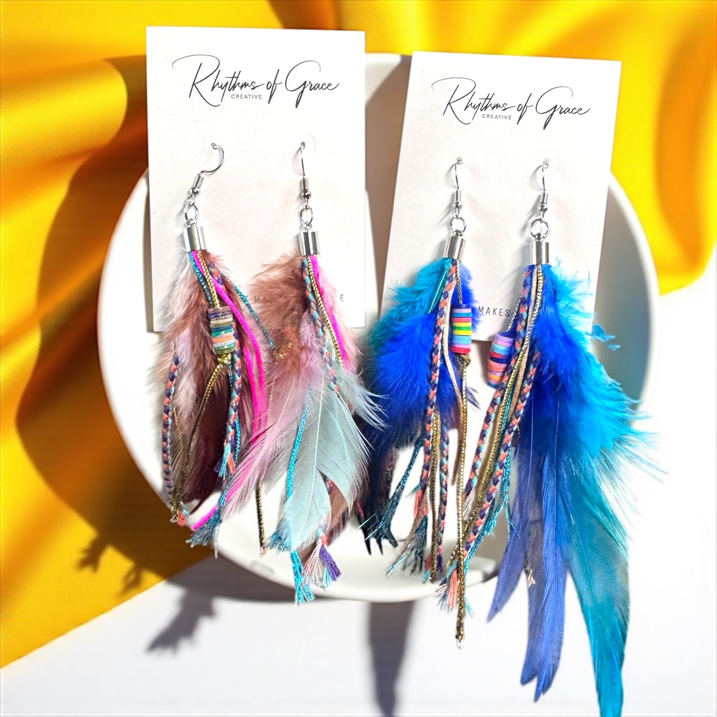 Colorful Boho Chic Feather & Beaded Tassel Dangle Earrings – Two Gorgeous Color Combos!