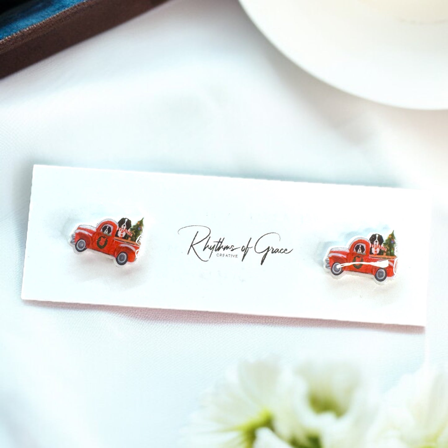 Jolly Pickup Truck Earrings: Holiday Cheer with a St. Bernard Twist!