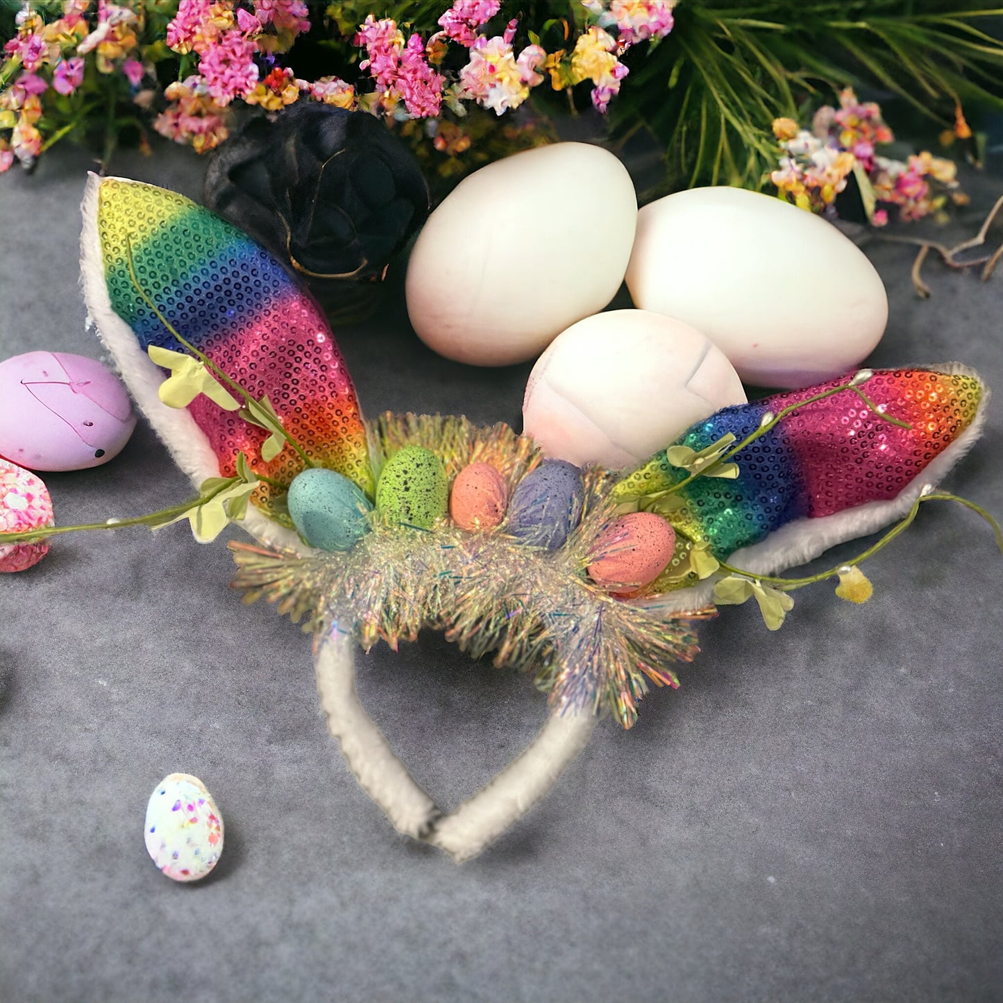 Rainbow Easter Bunny Ears - Rabbit Ears, Handmade Headpiece, Easter Headpiece, Feather Headband, Easter Headband