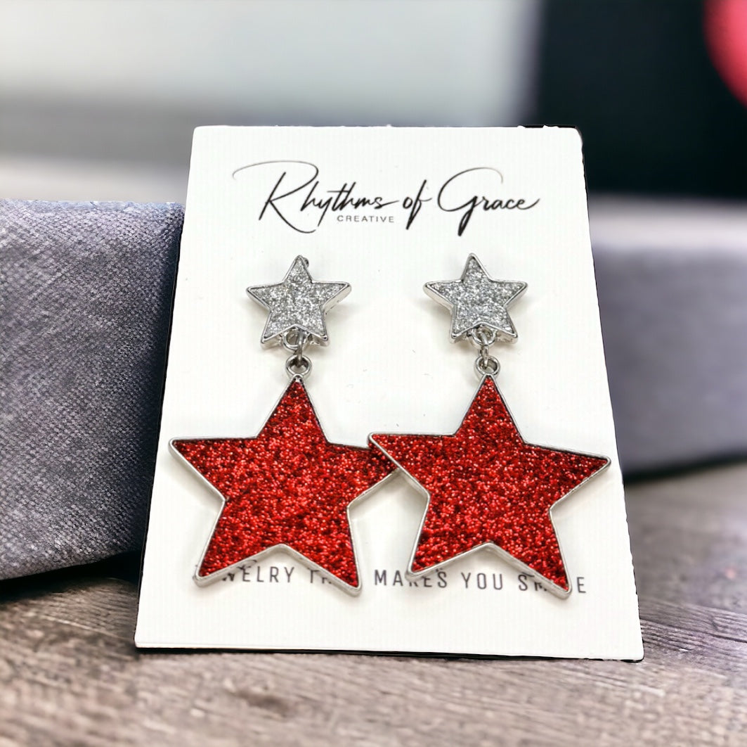 Patriotic Sparkly Star Earrings - Glitter and Enamel Statement Jewelry