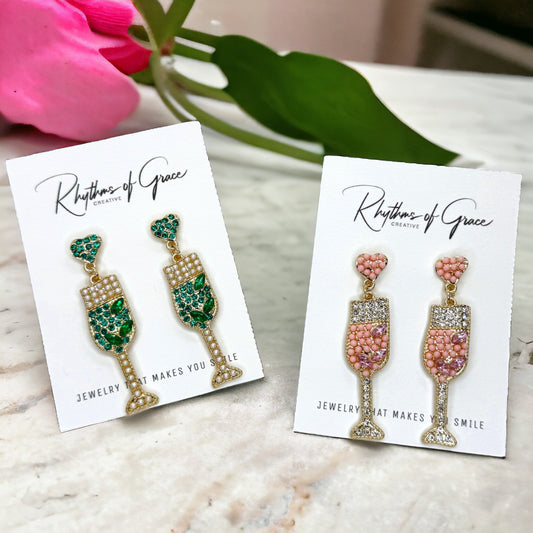 Sparkle & Sip: Wine Glass Earrings - Pink & Green Glam 🍷
