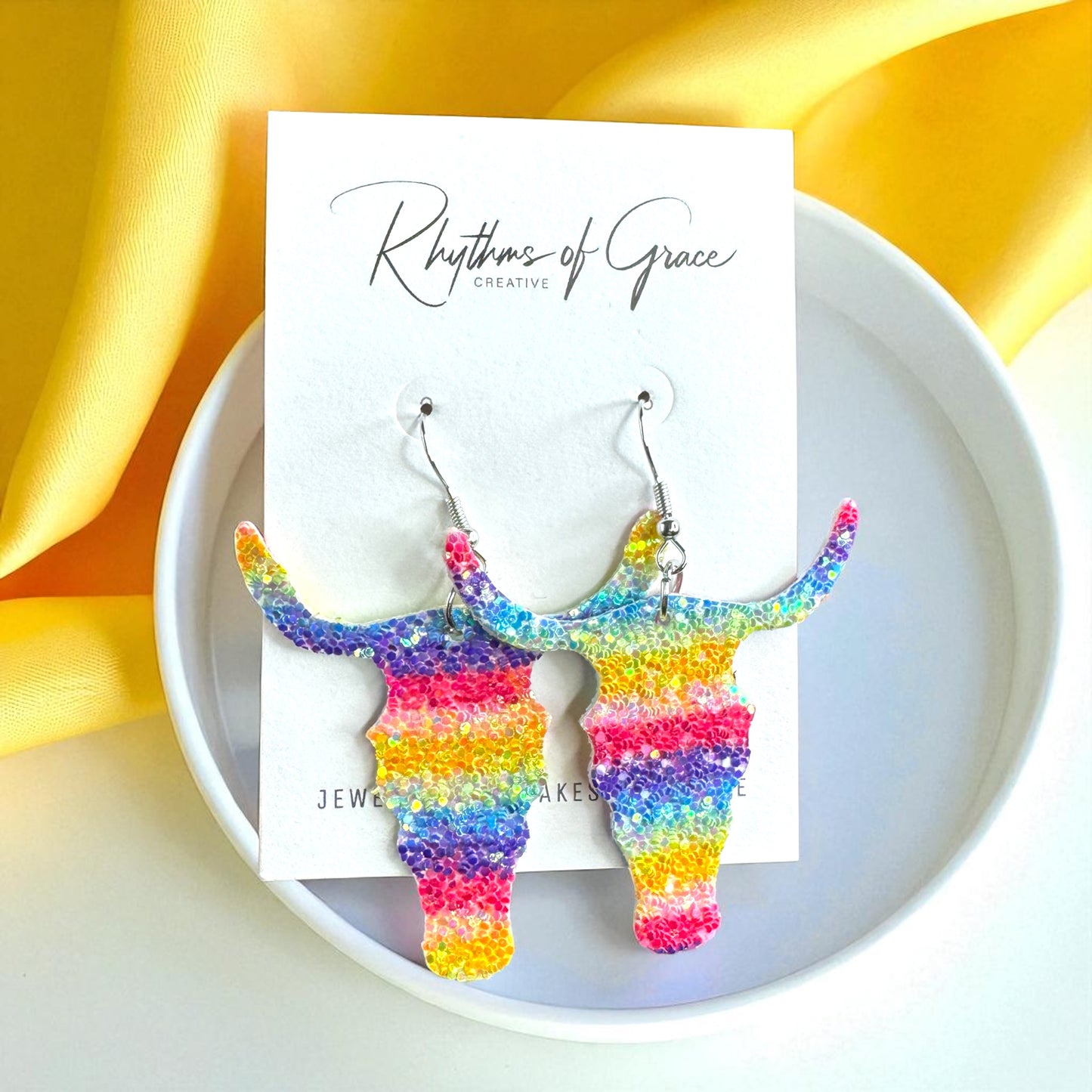 Longhorn Dangle Earrings - Sparkle with Rainbow Glitter!