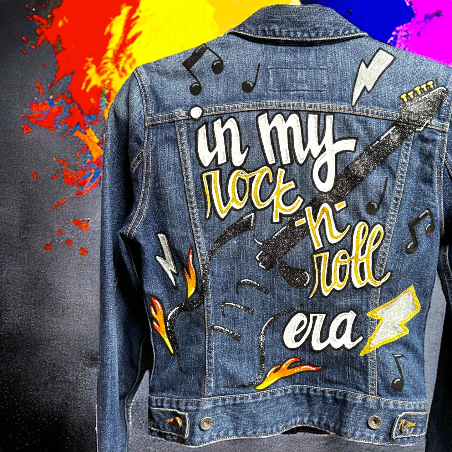 Hand Painted Jean Jacket: “In My Rock-n-Roll Era” - Eras Tour, Mardi Gras, Jazz Feat, New Orleans, Music Concert, Festival, Parade Outfit