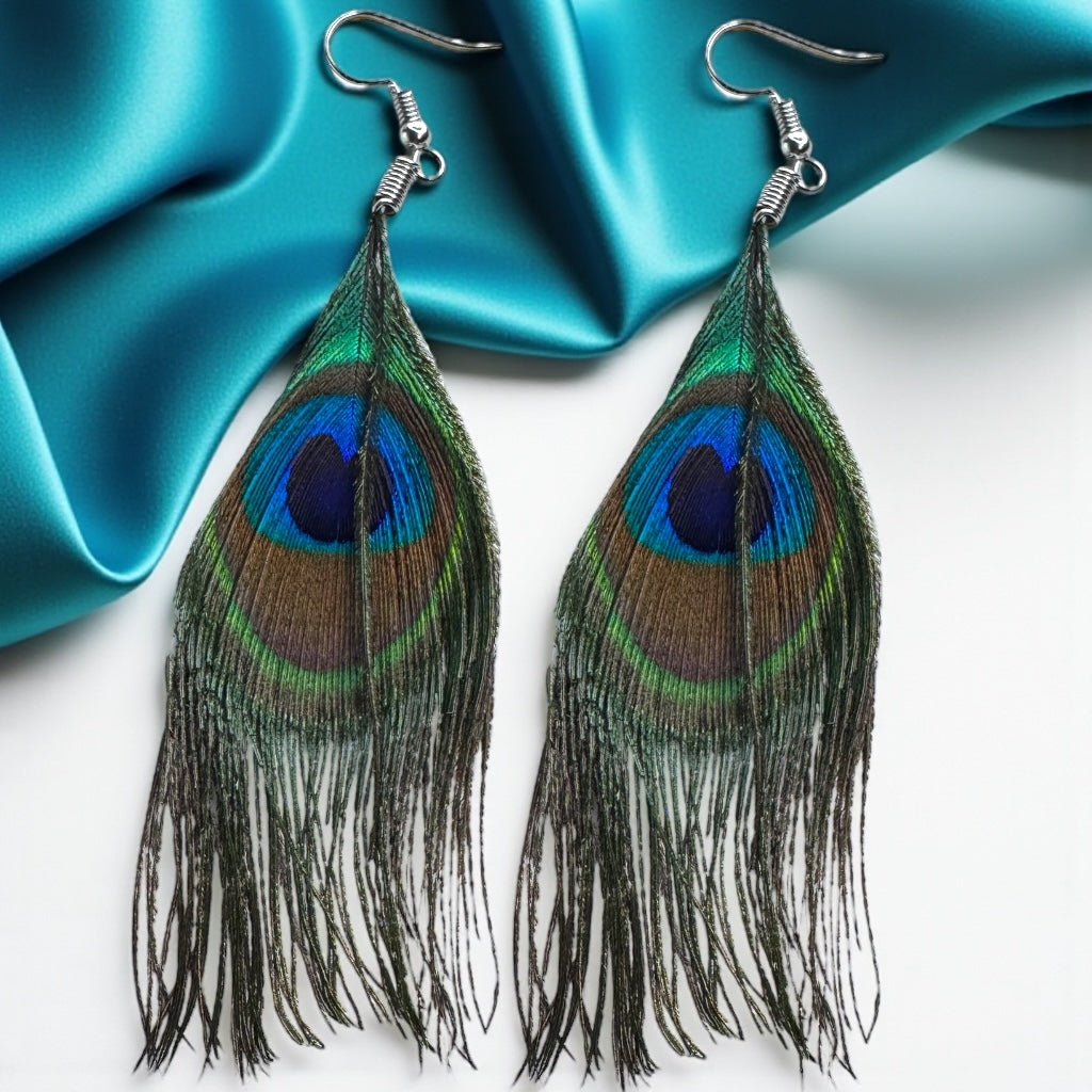 Elevate Your Style with Our Peacock Feather Dangle Earrings!