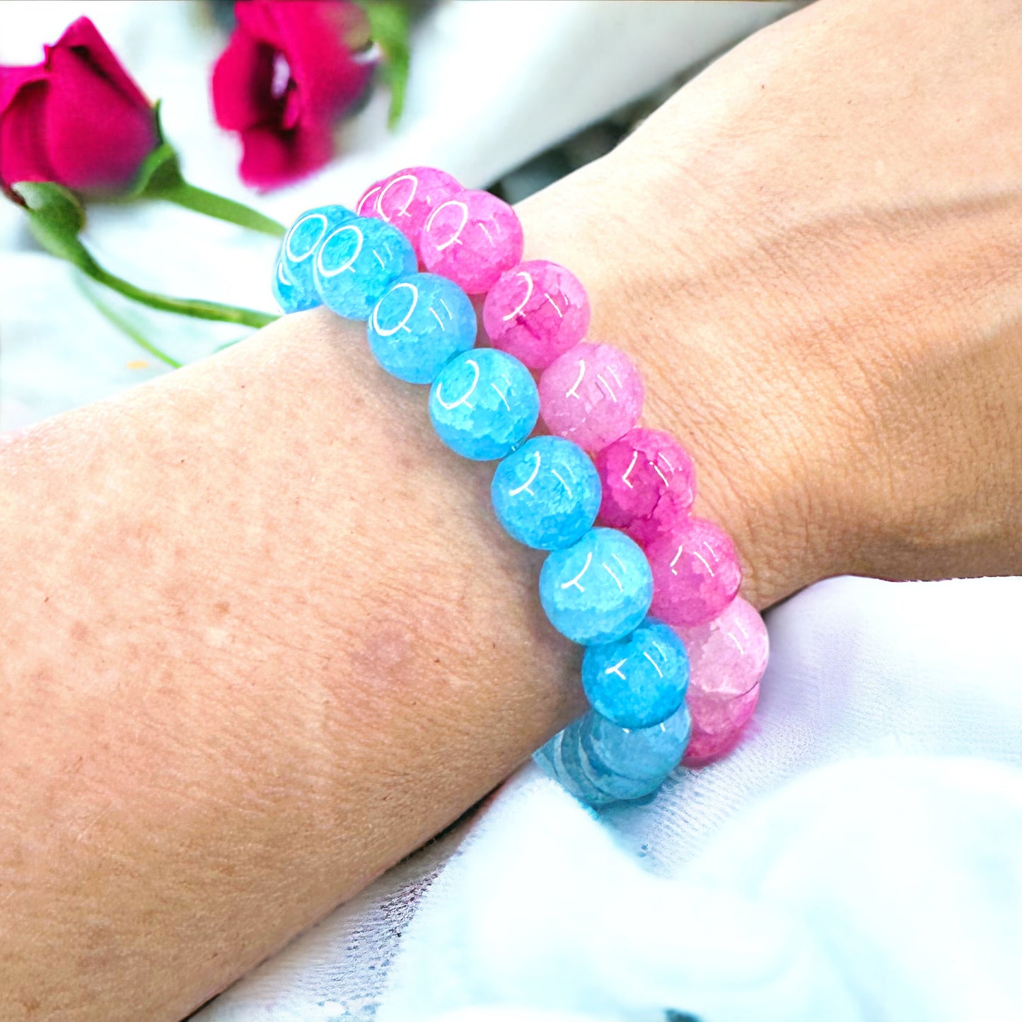 Gender Reveal Accessories Set of 2 Stretchy Bracelets - 1 Pink & 1 Blue