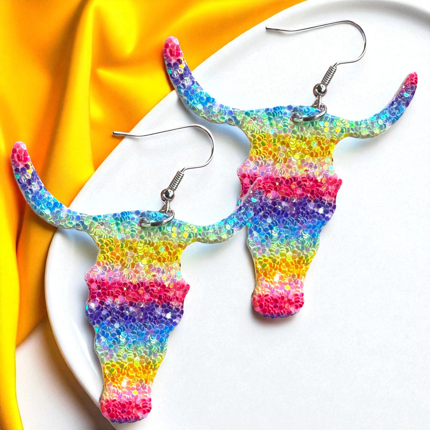 Longhorn Dangle Earrings - Sparkle with Rainbow Glitter!
