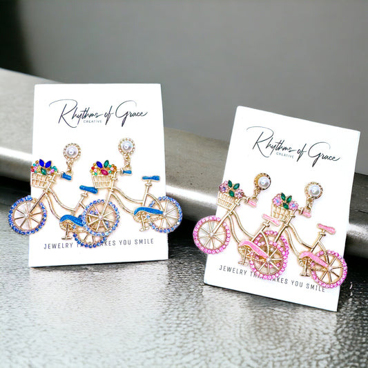 Two-Wheeled Sparkle – Bicycle Earrings with Floral Flair