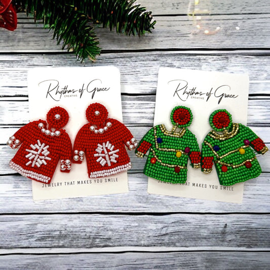 Christmas Sweater Earrings - Christmas Earrings, Merry Christmas Ya Filthy Animal, Christmas Jewelry, Handmade Earrings, Ugly Christmas Sweater