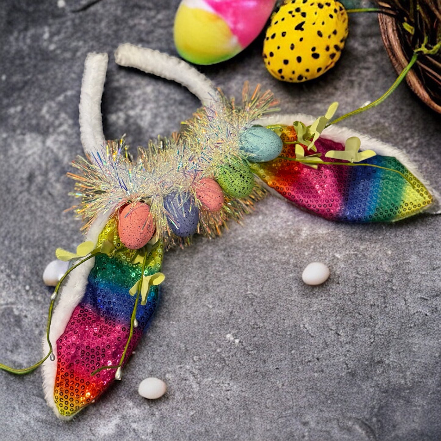 Rainbow Easter Bunny Ears - Rabbit Ears, Handmade Headpiece, Easter Headpiece, Feather Headband, Easter Headband