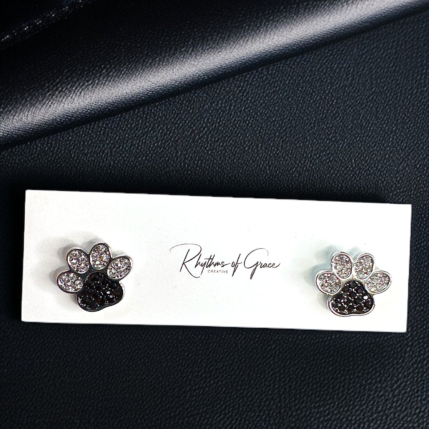 Sparkle & Paws! Silver and Black Rhinestone Paw Print Stud Earrings