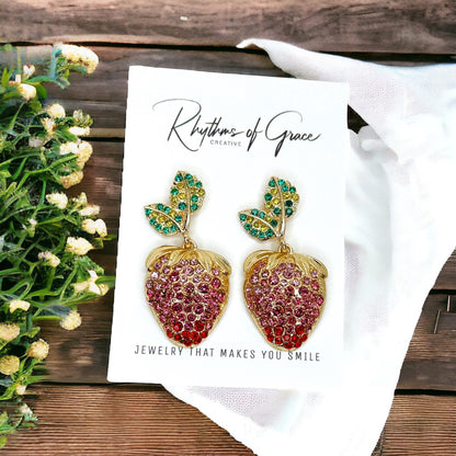 Rhinestone Stawberry Earrings - Food Earrings, Strawberry Accessories, Handmade Earrings, Summertime Accessories