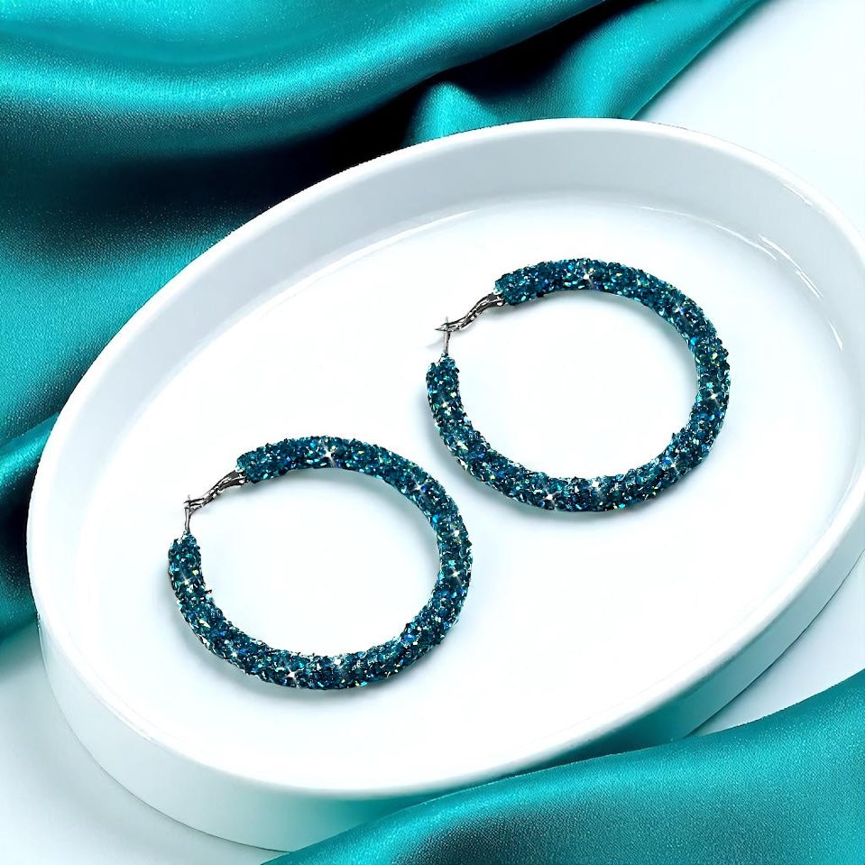 Shimmering Elegance: Blue and Green Glitter Hoops