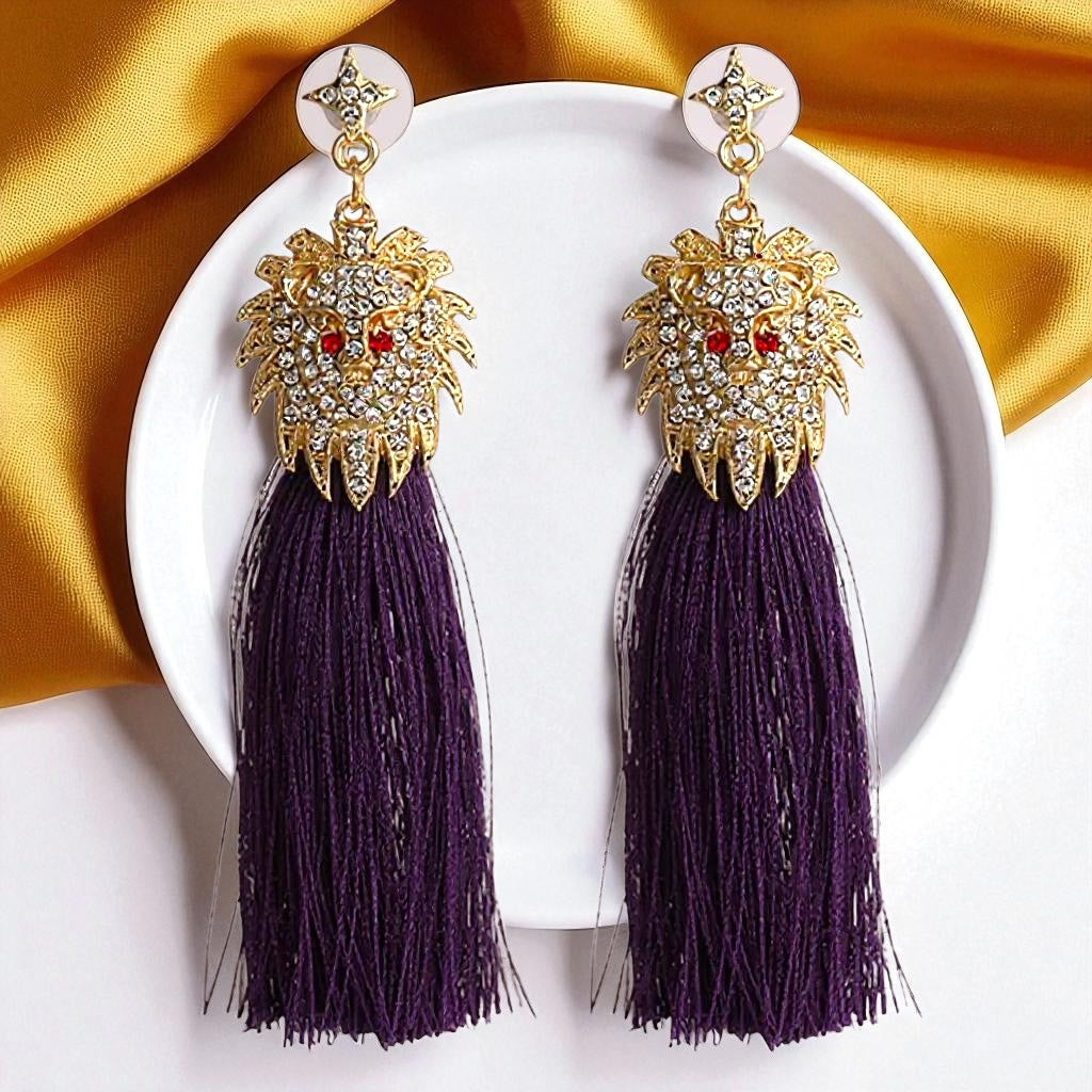 Rhinestone Lion Tassel Dangle Earrings - Available in Three Colors!