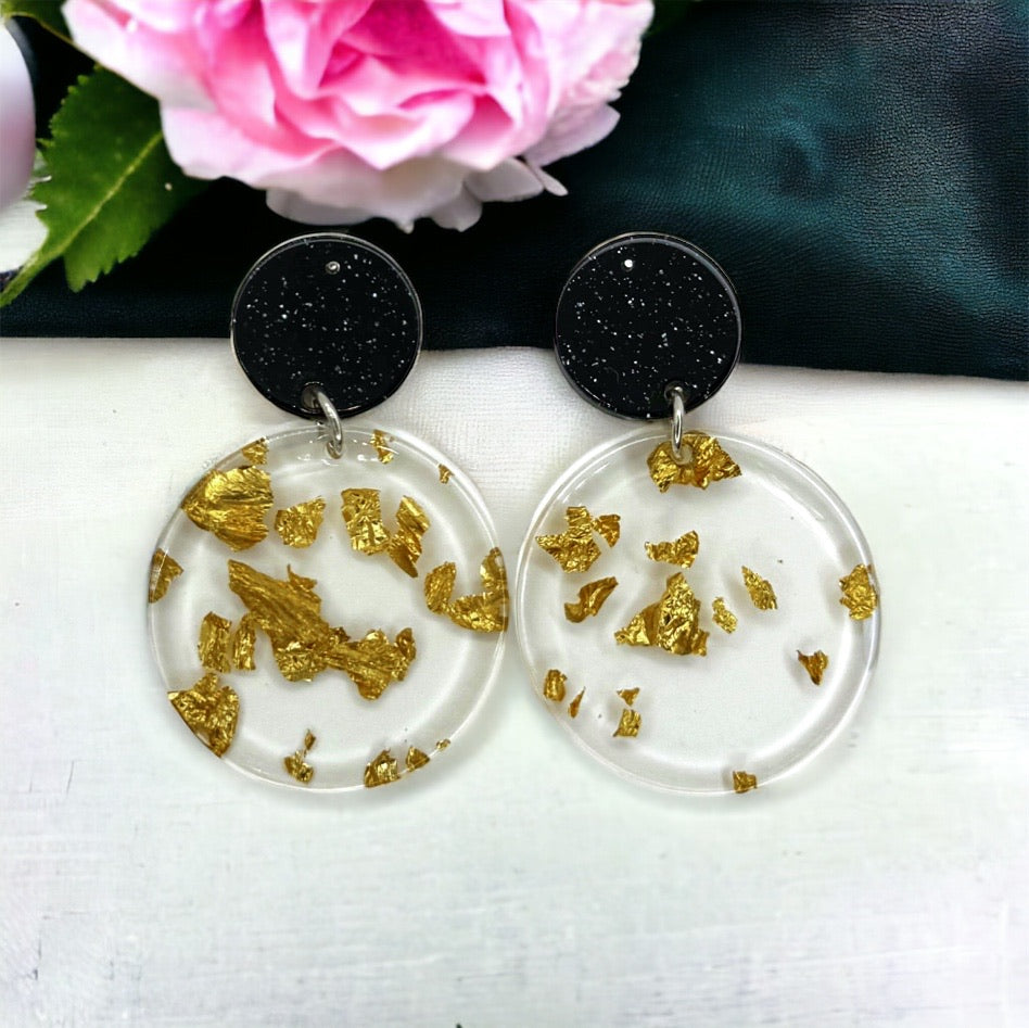 Elegant Gold and Black Acrylic Earrings with Gold Leaf Flecks - Stainless Steel Posts