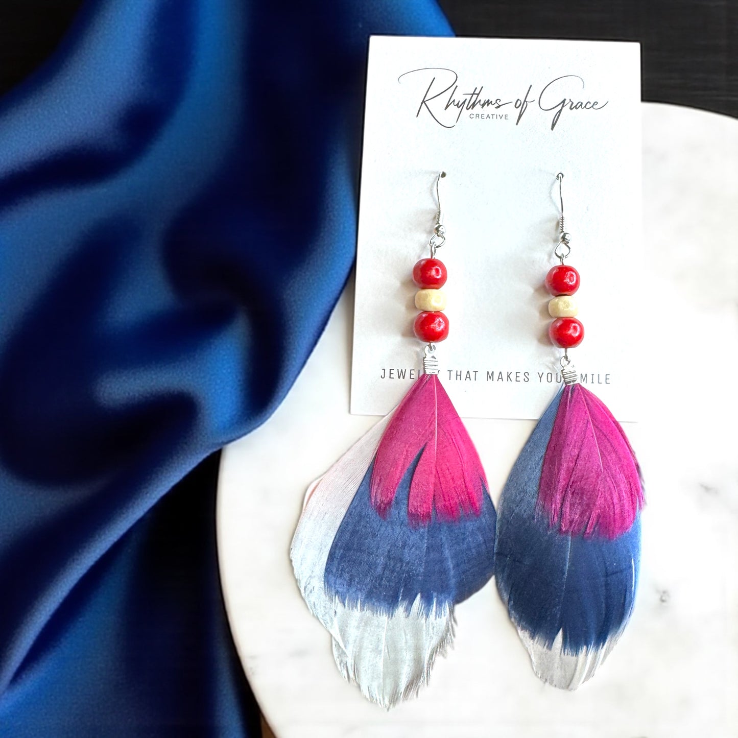 Boho Chic Red, White & Blue Feathered Dangle Earrings