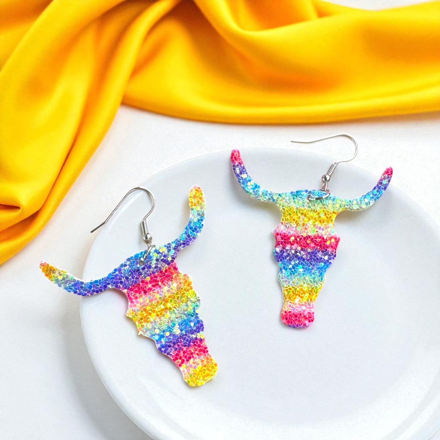 Longhorn Dangle Earrings - Sparkle with Rainbow Glitter!