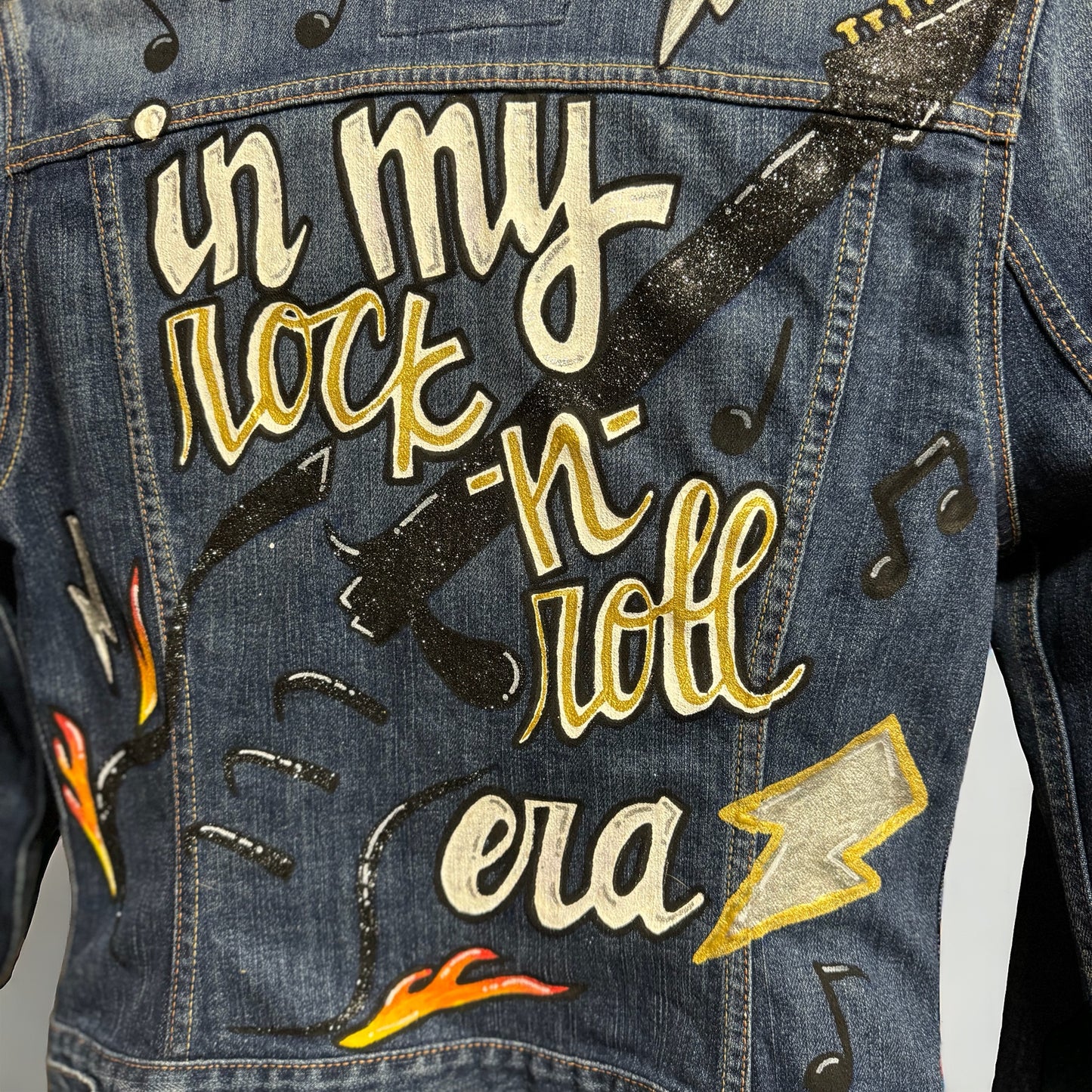 Hand Painted Jean Jacket: “In My Rock-n-Roll Era” - Eras Tour, Mardi Gras, Jazz Feat, New Orleans, Music Concert, Festival, Parade Outfit