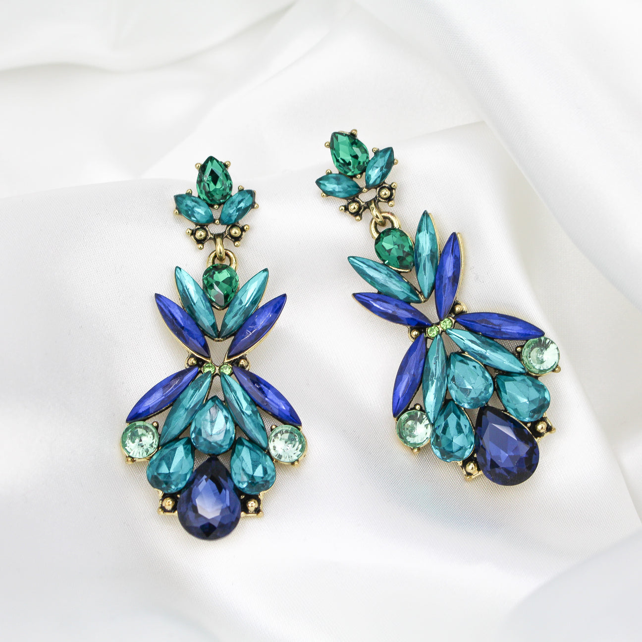 Gorgeous Blue-Green Rhinestone Dangle Earrings