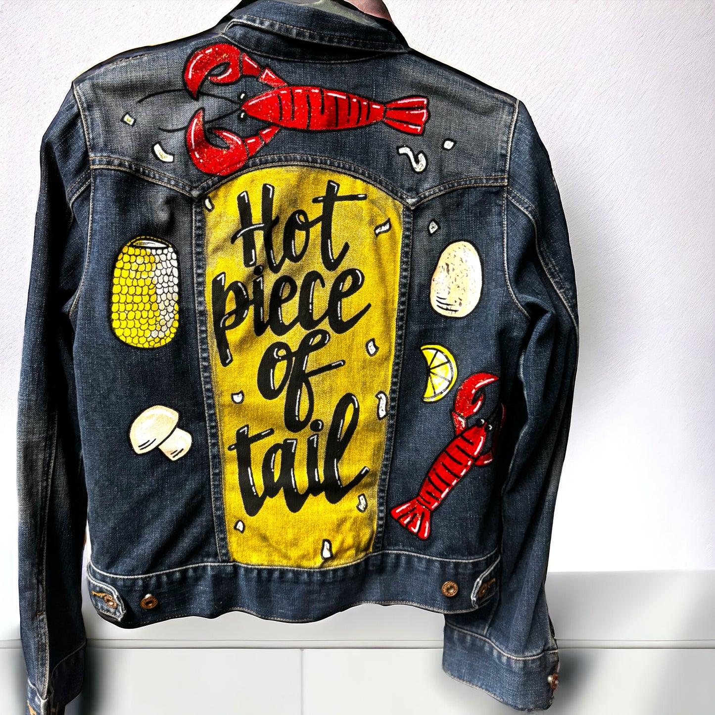 Hand Painted Jean Jacket: “Hot Piece of Tail” - Cajun Jacket, Crawfish, Mardi Gras, Mardi Gras Jacket, New Orleans, Purple Green Gold, Mardi Gras, Parade Outfit