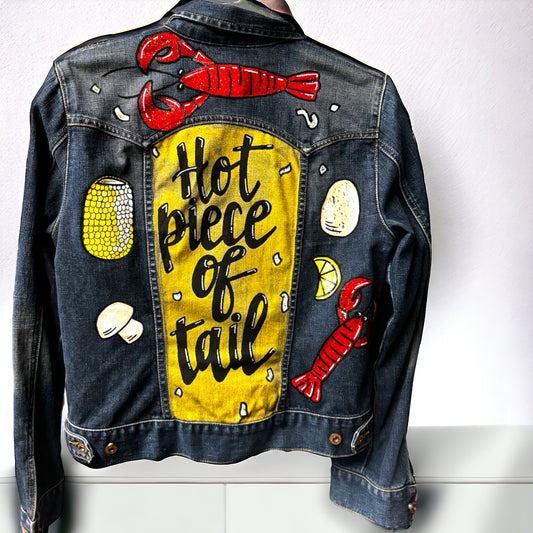 Hand Painted Jean Jacket: “Hot Piece of Tail”  - Cajun Jacket, Crawfish, Mardi Gras, Mardi Gras Jacket, New Orleans, Purple Green Gold, Mardi Gras, Parade Outfit