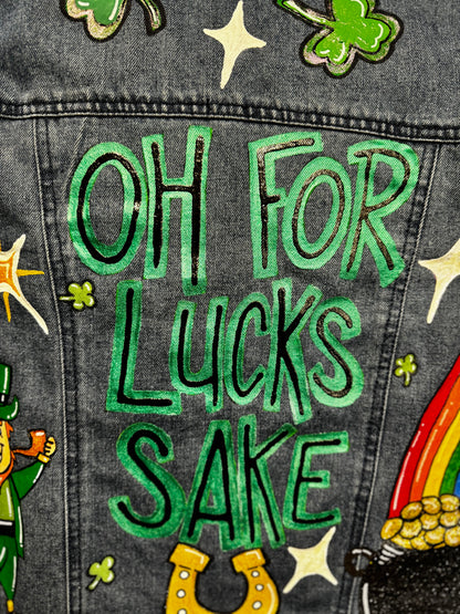 Hand Painted Jean Jacket: “For Lucks Sake”, St Patrick’s Day Jacket, Hand Painted, Shamrock