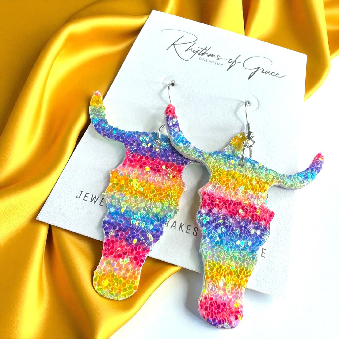 Longhorn Dangle Earrings - Sparkle with Rainbow Glitter!