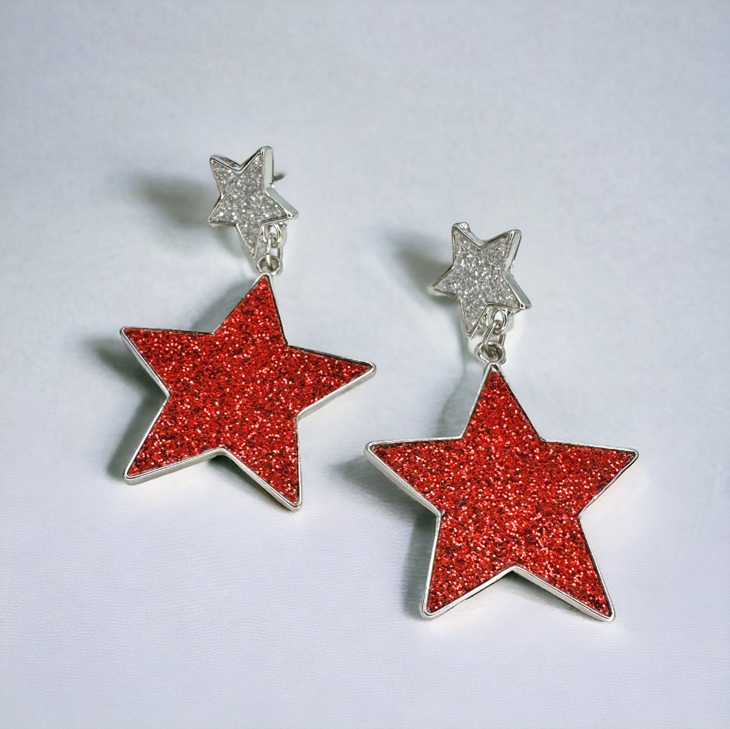 Patriotic Sparkly Star Earrings - Glitter and Enamel Statement Jewelry