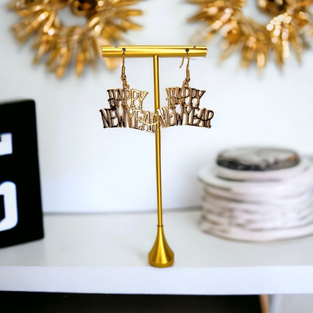 Gold Dangle Happy New Year Dangle Earrings - Celebrate in Style! - Rhythms of Grace Creative