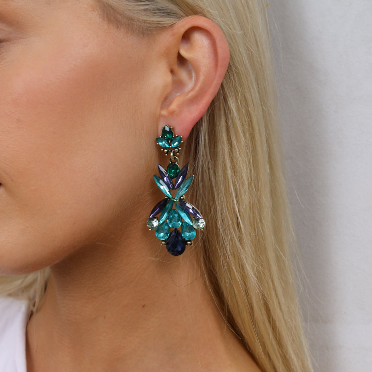 Gorgeous Blue-Green Rhinestone Dangle Earrings