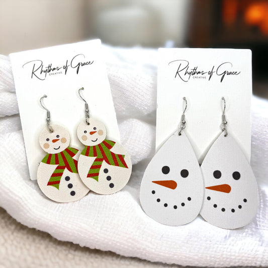 Christmas Earrings - Snowman Earrings, Christmas Jewelry, Handmade Earrings, Frosty the Snowman, Snowflake Earring
