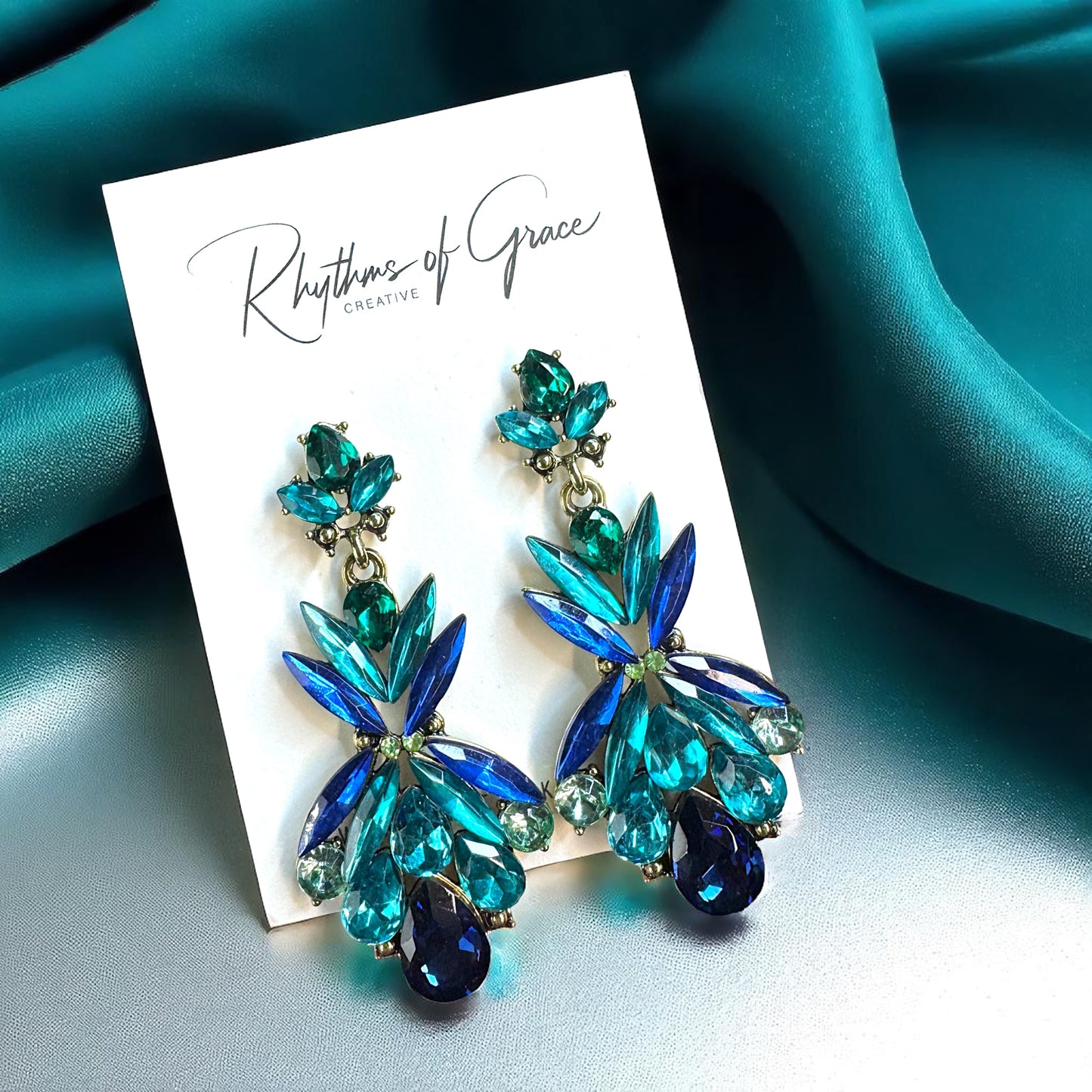 Gorgeous Blue-Green Rhinestone Dangle Earrings
