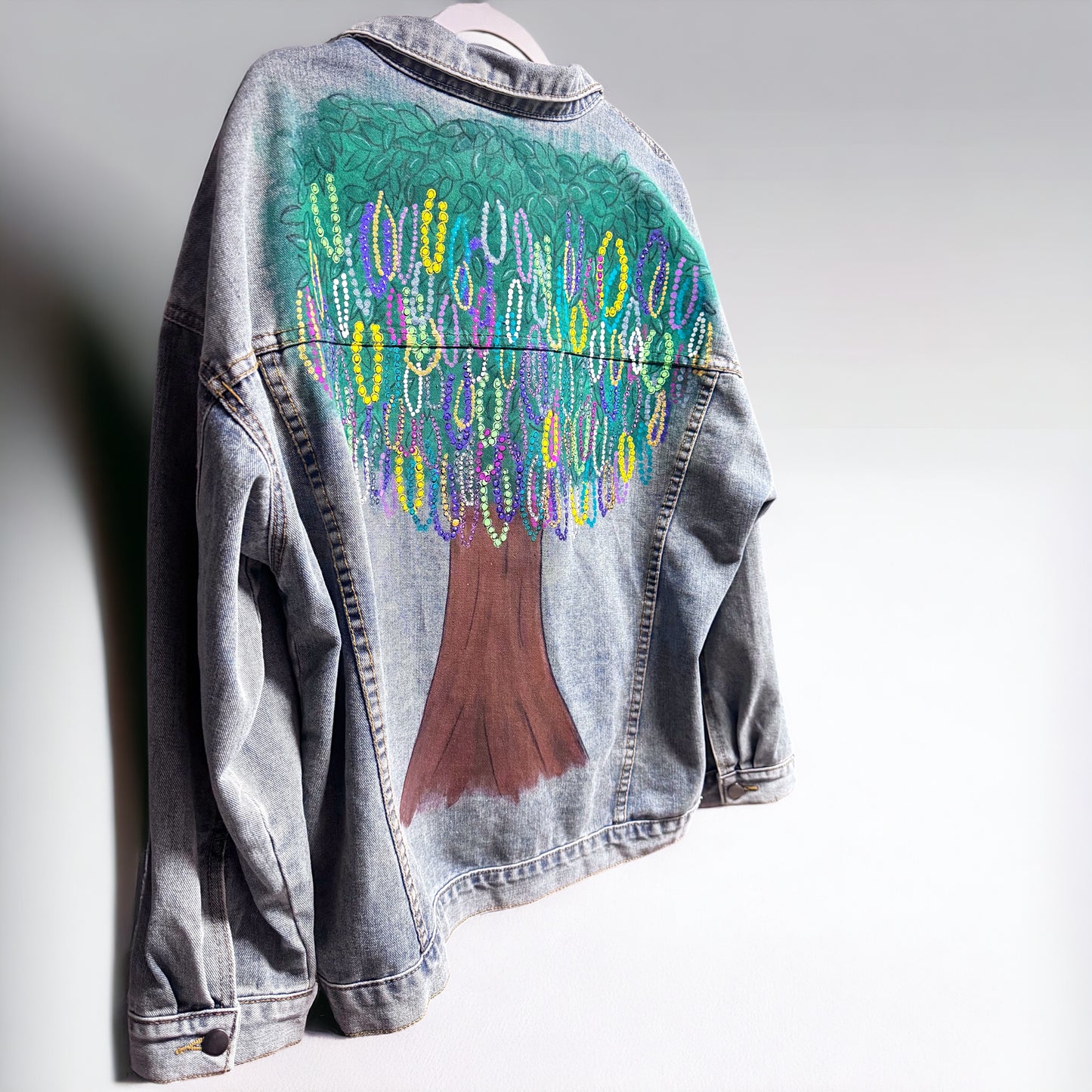 Hand Painted Jean Jacket: “Mardi Gras Bead Tree”