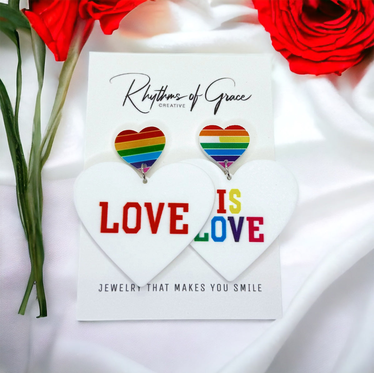 Heartfelt Sparkle: Love is Love Earrings – Rainbow Bling for Your Pride and Vibe!