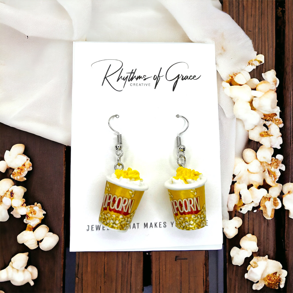 Popcorn Party Earrings: Fun-sized Buttered Bucket Bling!