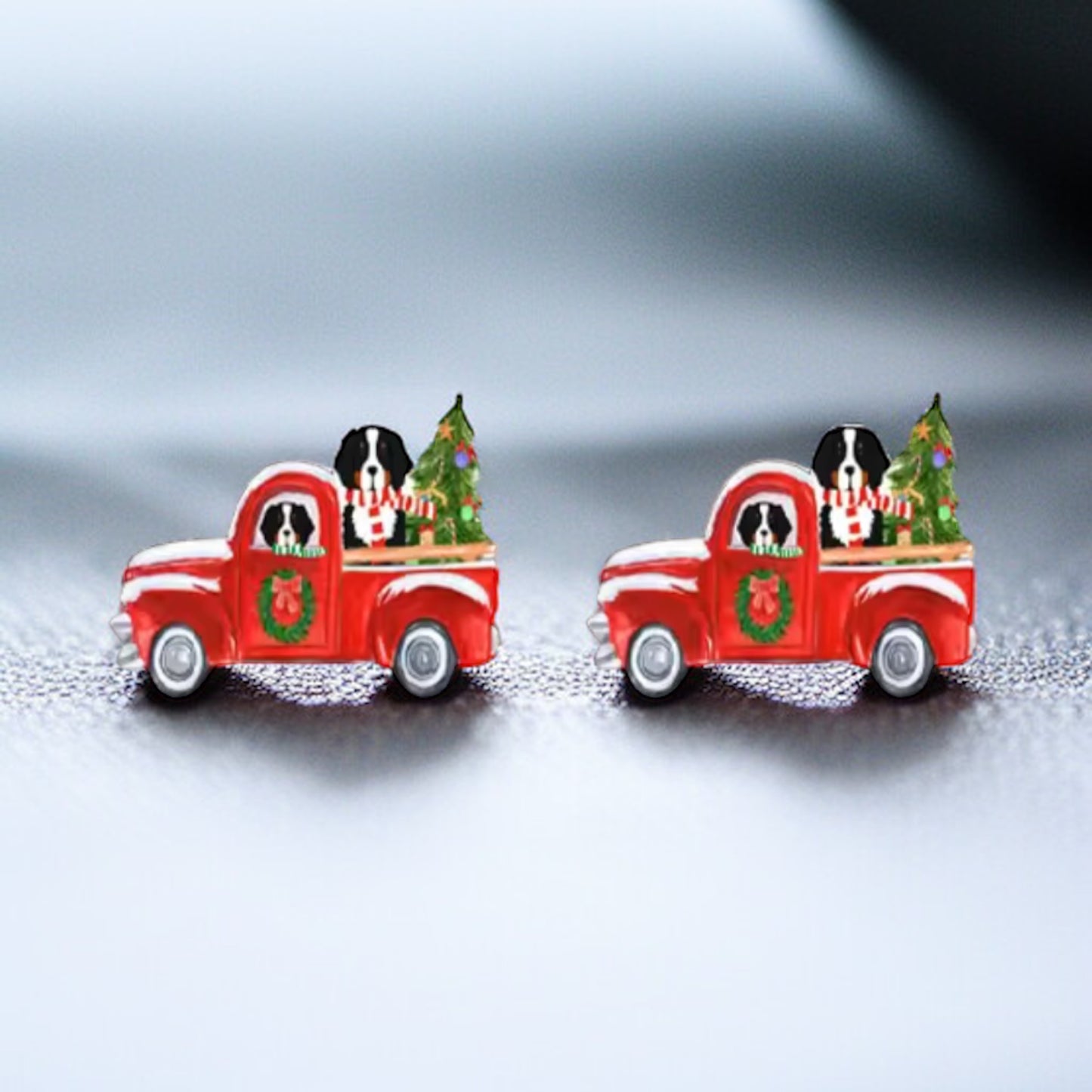 Jolly Pickup Truck Earrings: Holiday Cheer with a St. Bernard Twist!