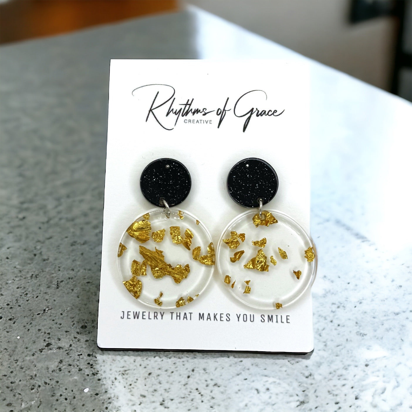 Elegant Gold and Black Acrylic Earrings with Gold Leaf Flecks - Stainless Steel Posts