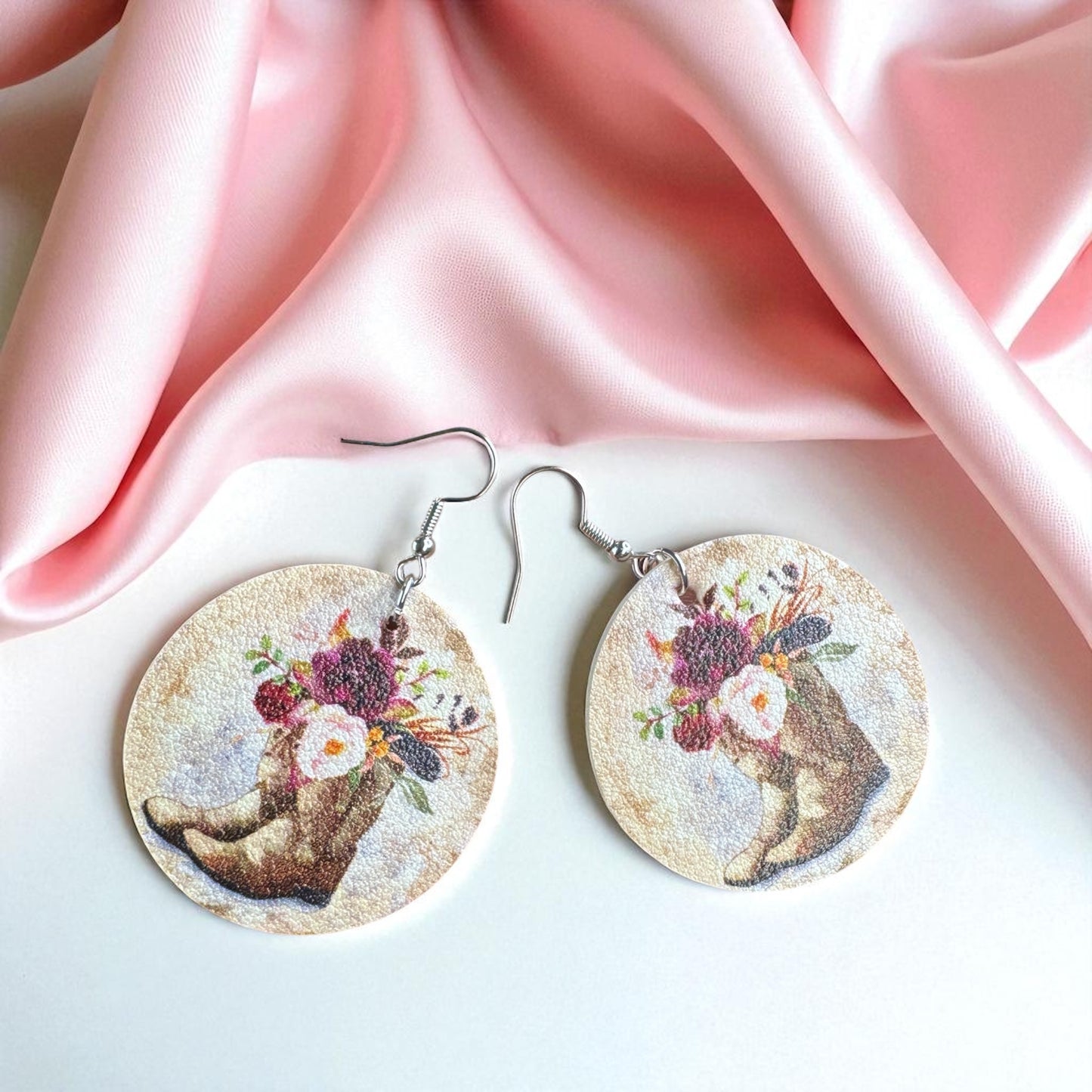 Boots & Blooms: Floral Cowgirl Boot Round Dangle Earrings
