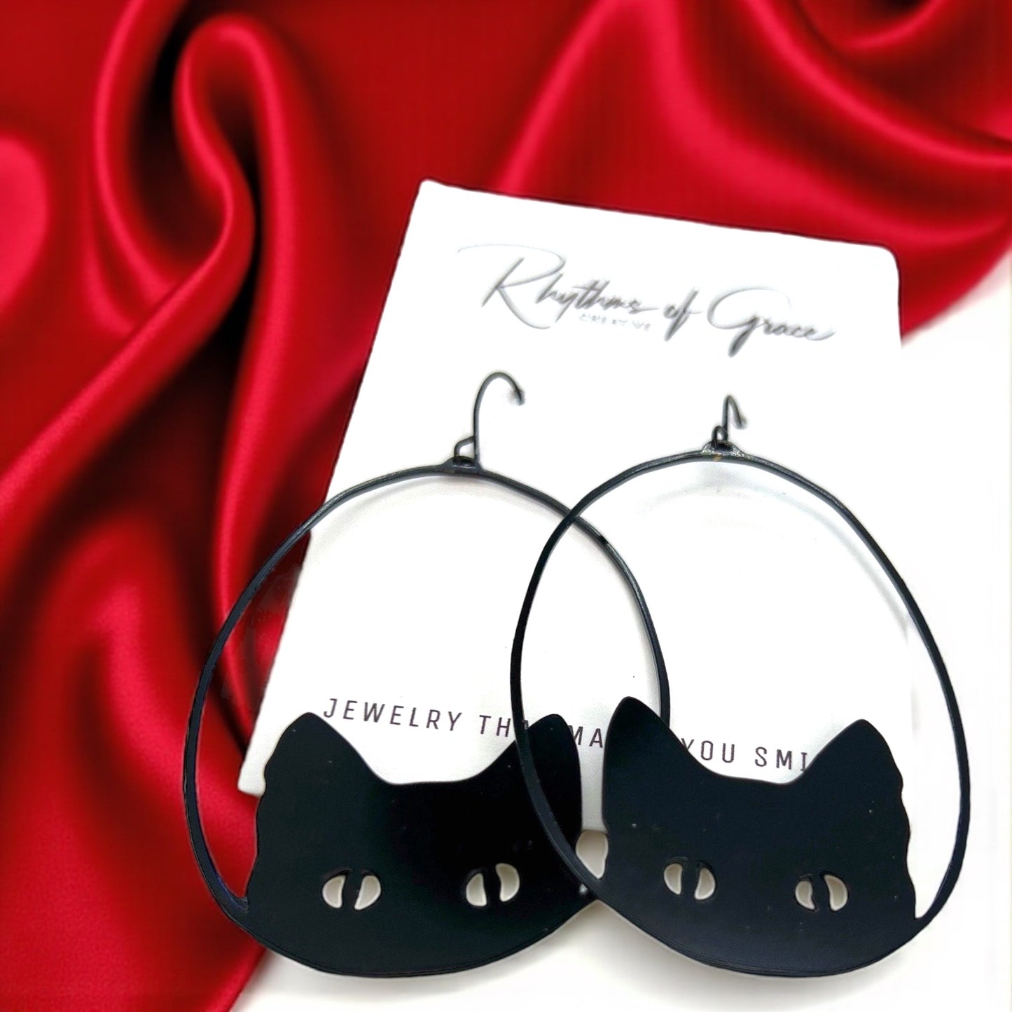 Oversized Black Metal Cat Dangle Earrings - Embrace Your Inner Feline!