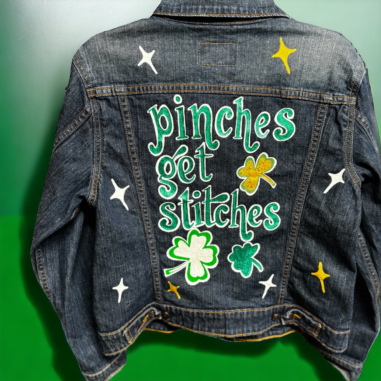 Hand Painted Jean Jacket: “Pinches Get Stitches”, St Patrick’s Day Jacket, Hand Painted, Shamrock