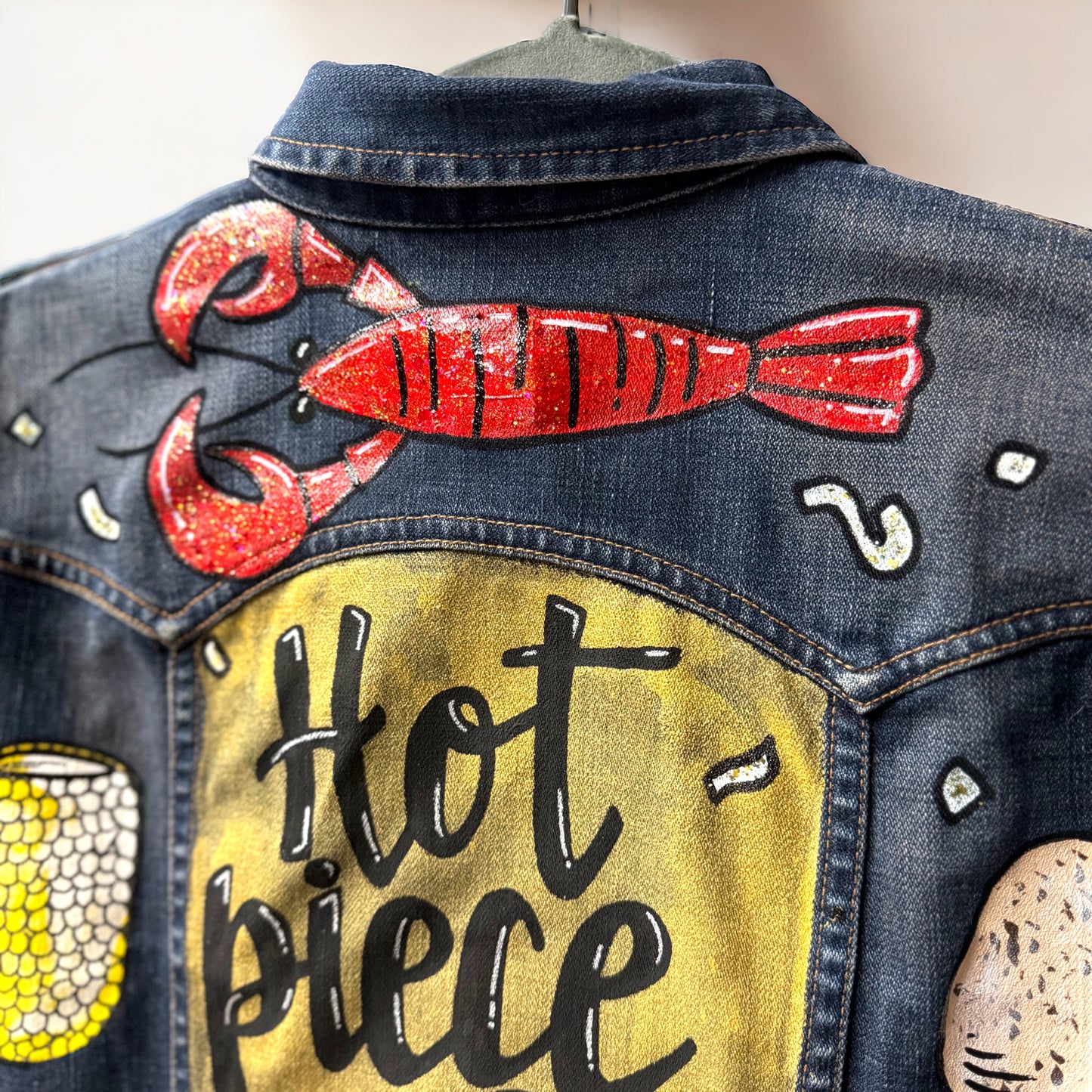 Hand Painted Jean Jacket: “Hot Piece of Tail”  - Cajun Jacket, Crawfish, Mardi Gras, Mardi Gras Jacket, New Orleans, Purple Green Gold, Mardi Gras, Parade Outfit