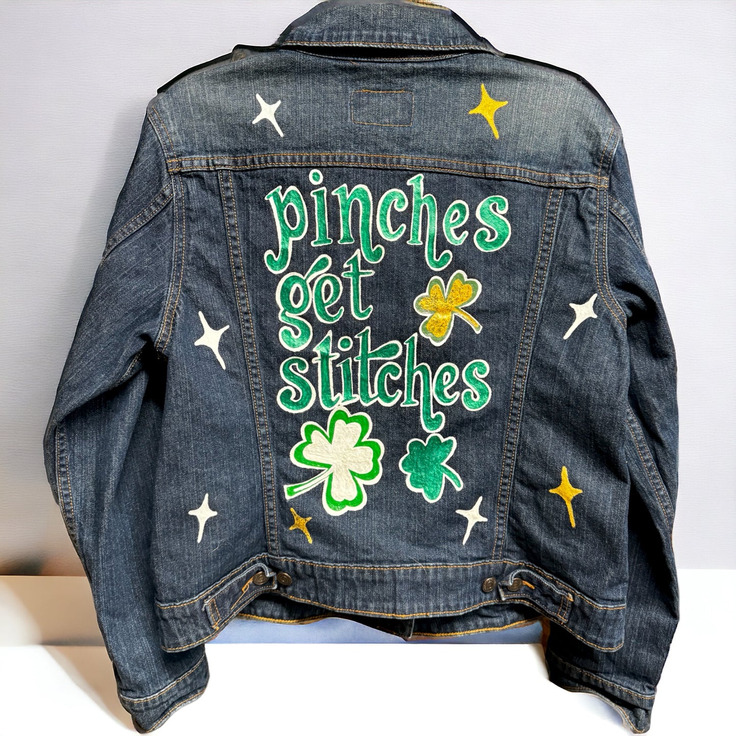 Hand Painted Jean Jacket: “Pinches Get Stitches”, St Patrick’s Day Jacket, Hand Painted, Shamrock
